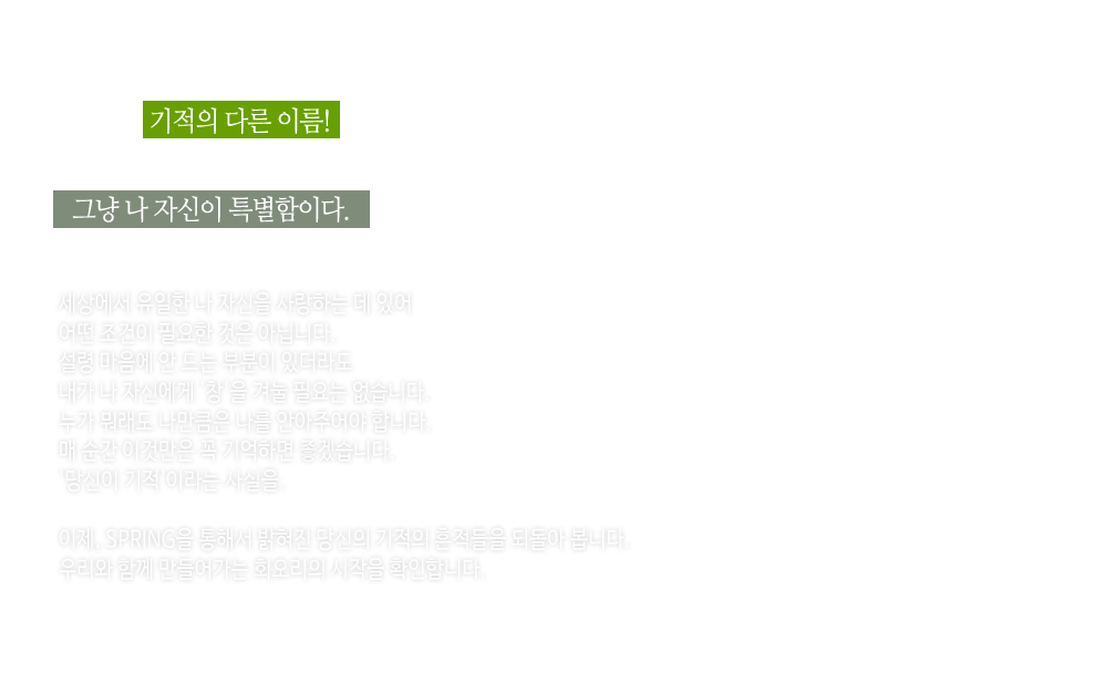 당신, 기적의 다른 이름!
특별하기 위해 수많은 조건들이 필요하지 않다.
그냥 나 자신이 특별함이다.

세상에서 유일한 나 자신을 사랑하는데 있어
어떤 조건이 필요한 것은 아닙니다.
설령 마음에 안 드는 부분이 있더라도
내가 나 자신에게 '창'을 겨눌 필요는 없습니다.
누가 뭐래도 나만큼은 나를 안아줄 수 있어야겠습니다.
매 순간 이것만은 꼭 기억하면 좋겠습니다.
'당신이 기적'이라는 사실을.

이제, SPRING을 통해서 밝혀진 당신의 기적의 흔적들을 되돌아봅니다.
우리가 함께 만들어가는 회오리의 시작을 확인합니다.